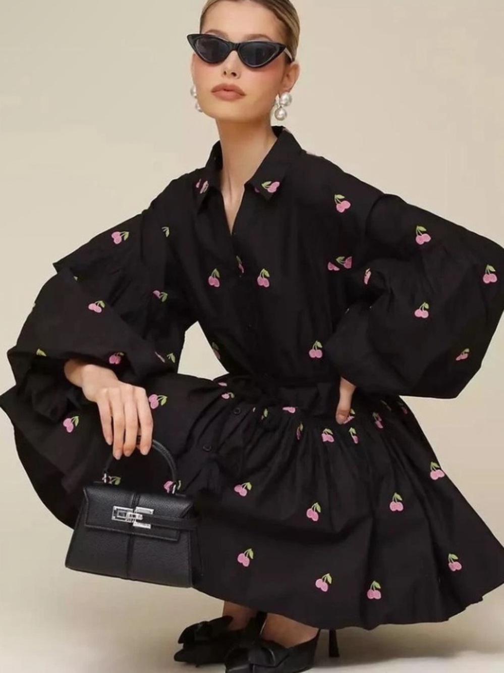 Avec Les Filles Cherry Embroidered Mini Shirt Dress Size 8 NWT Black Cotton - Picture 2 of 9